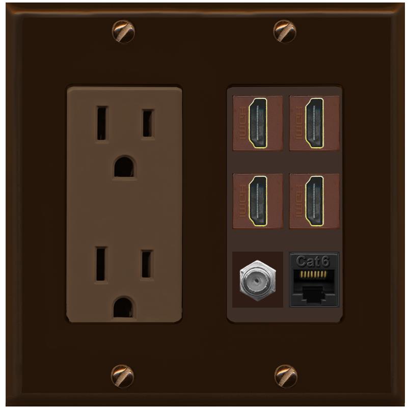 RiteAV 4 Port HDMI 1 Coax Cable TV- F-Type 1 Cat6 Ethernet Wall Plate - Outlet [Brown/Brown]