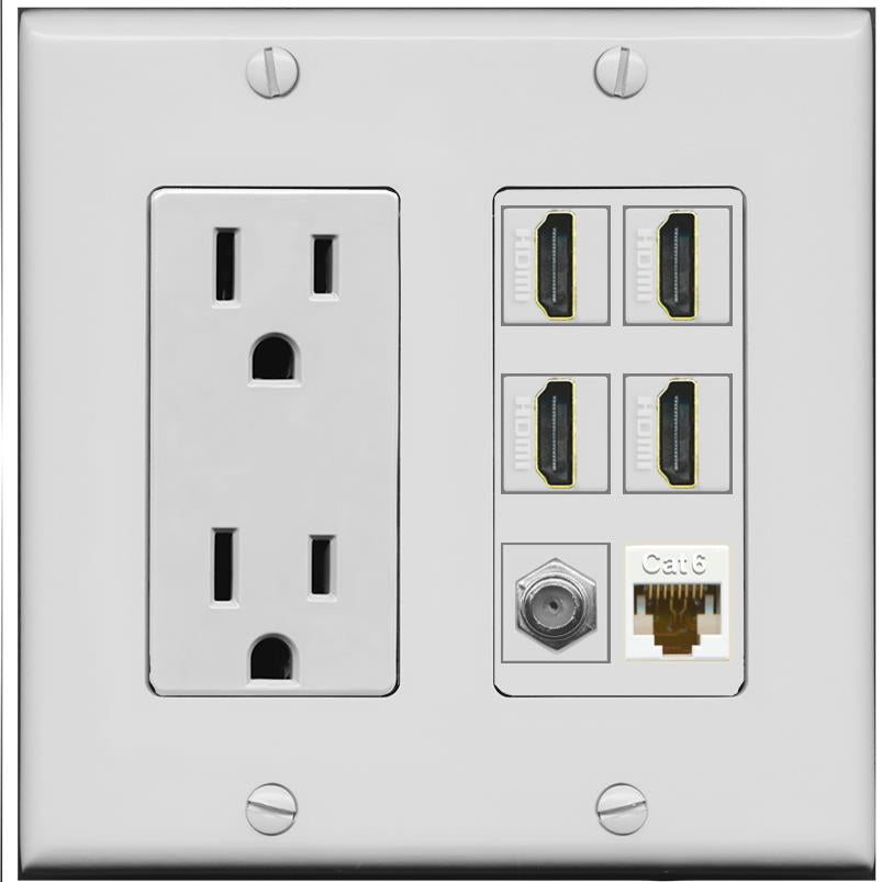 RiteAV 4 Port HDMI 1 Coax Cable TV- F-Type 1 Cat6 Ethernet Wall Plate - Outlet [Gray/Gray]