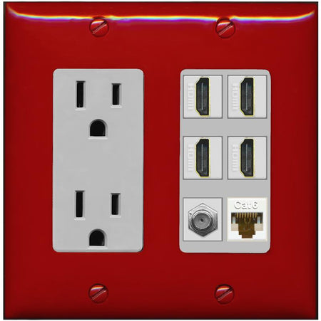 RiteAV 4 Port HDMI 1 Coax Cable TV- F-Type 1 Cat6 Ethernet Wall Plate - Outlet [Red/Gray]