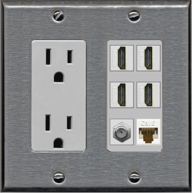 RiteAV 4 Port HDMI 1 Coax Cable TV- F-Type 1 Cat6 Ethernet Wall Plate - Outlet [Stainless/Gray]