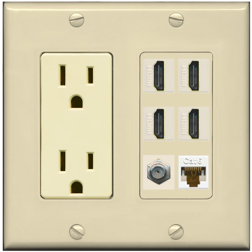 RiteAV 4 Port HDMI 1 Coax Cable TV- F-Type 1 Cat6 Ethernet Wall Plate - Outlet [Ivory/Ivory]