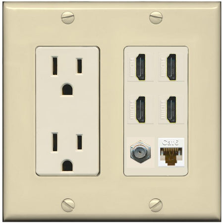 RiteAV 4 Port HDMI 1 Coax Cable TV- F-Type 1 Cat6 Ethernet Wall Plate - Outlet [Ivory/Light-Almond]