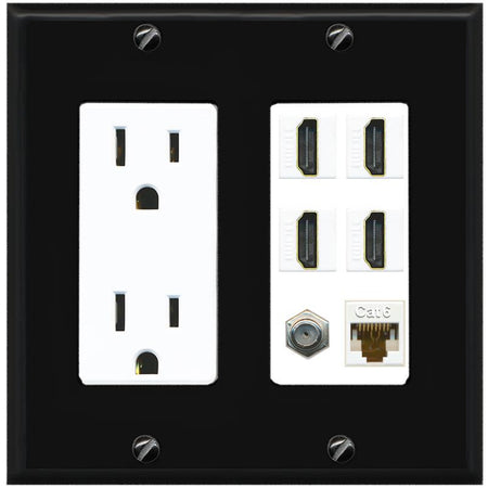 RiteAV 4 Port HDMI 1 Coax Cable TV- F-Type 1 Cat6 Ethernet Wall Plate - Outlet [Black/White]