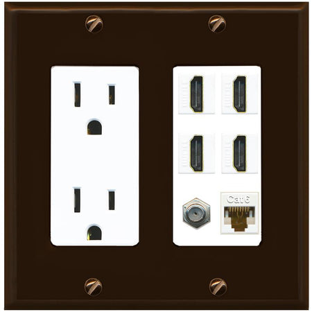 RiteAV 4 Port HDMI 1 Coax Cable TV- F-Type 1 Cat6 Ethernet Wall Plate - Outlet [Brown/White]