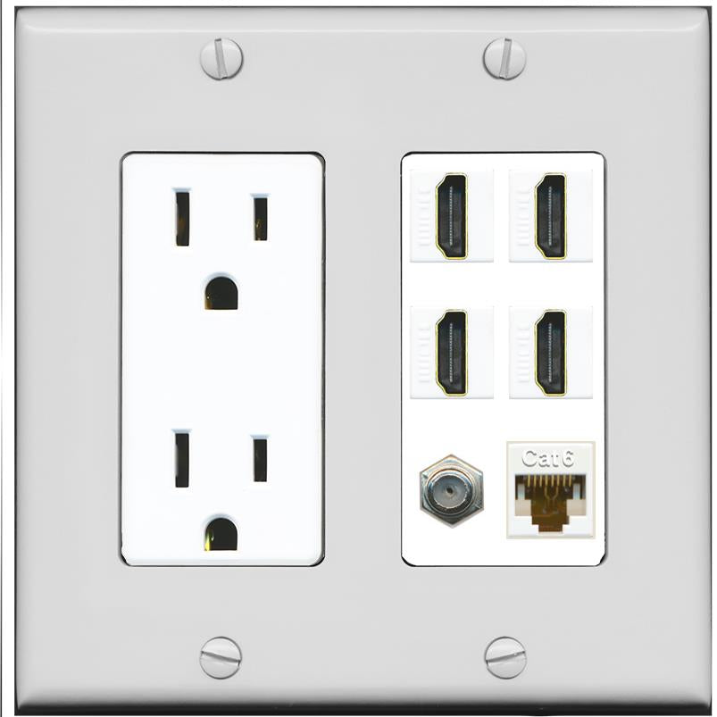 RiteAV 4 Port HDMI 1 Coax Cable TV- F-Type 1 Cat6 Ethernet Wall Plate - Outlet [Gray/White]