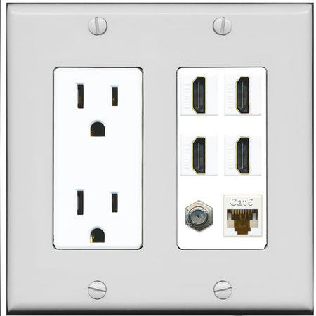 RiteAV 4 Port HDMI 1 Coax Cable TV- F-Type 1 Cat6 Ethernet Wall Plate - Outlet [Gray/White]