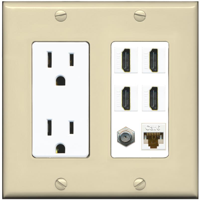 RiteAV 4 Port HDMI 1 Coax Cable TV- F-Type 1 Cat6 Ethernet Wall Plate - Outlet [Ivory/White]