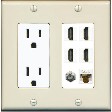 RiteAV 4 Port HDMI 1 Coax Cable TV- F-Type 1 Cat6 Ethernet Wall Plate - Outlet [Light-Almond/White]