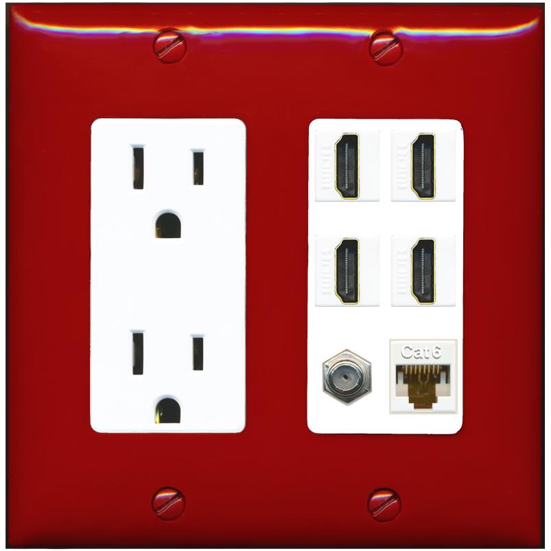 RiteAV 4 Port HDMI 1 Coax Cable TV- F-Type 1 Cat6 Ethernet Wall Plate - Outlet [Red/White]