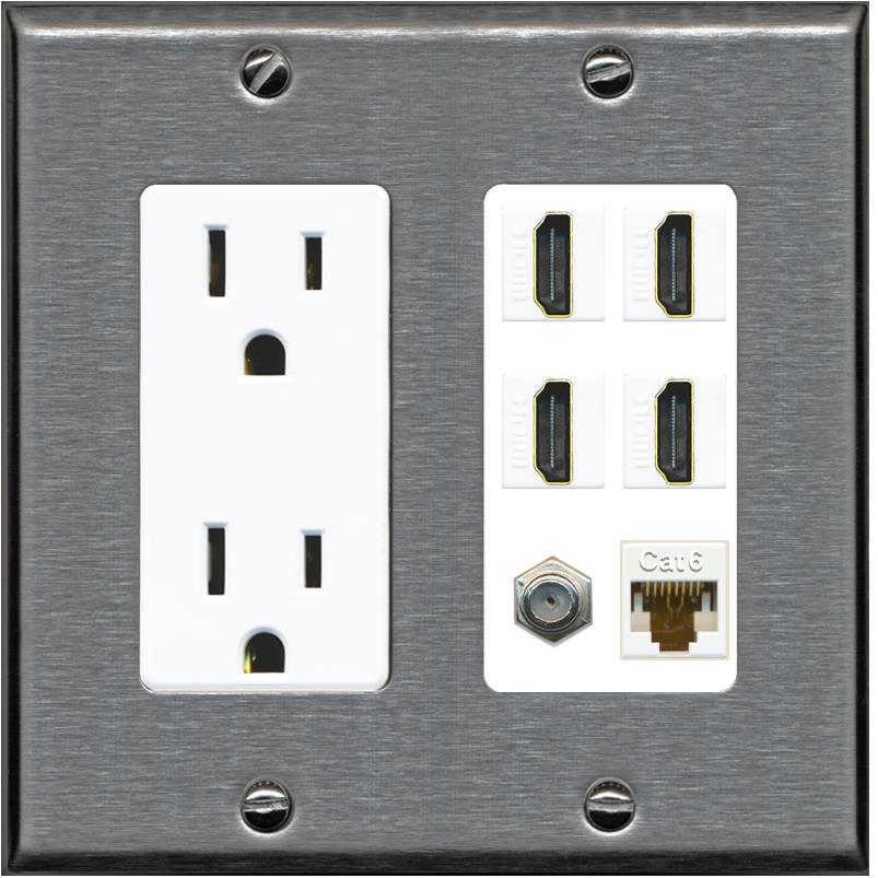 RiteAV 4 Port HDMI 1 Coax Cable TV- F-Type 1 Cat6 Ethernet Wall Plate - Outlet [Stainless/White]