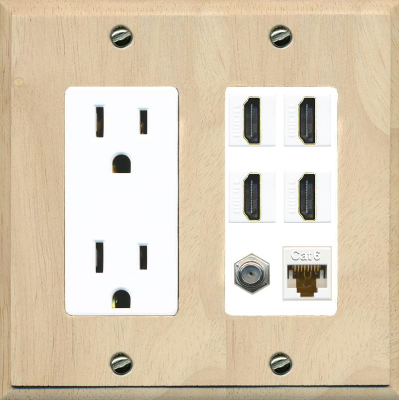 RiteAV 4 Port HDMI 1 Coax Cable TV- F-Type 1 Cat6 Ethernet Wall Plate - Outlet [Wood/White]