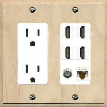 RiteAV 4 Port HDMI 1 Coax Cable TV- F-Type 1 Cat6 Ethernet Wall Plate - Outlet [Wood/White]