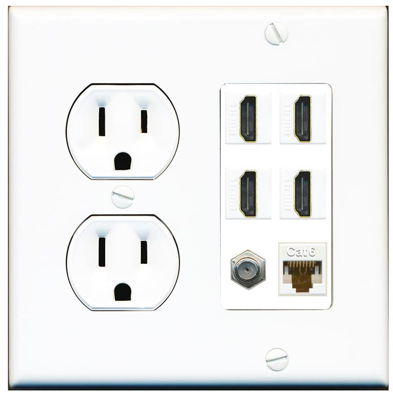 RiteAV 4 Port HDMI 1 Coax Cable TV- F-Type 1 Cat6 Ethernet Wall Plate - Round Outlet [White]