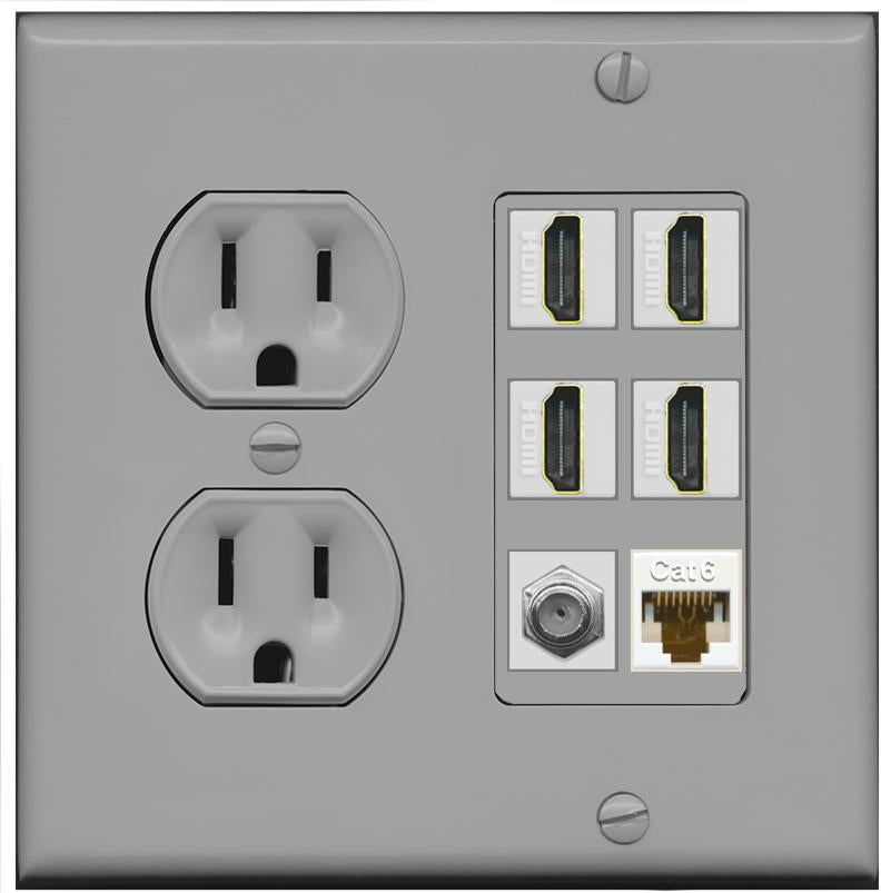 RiteAV 4 Port HDMI 1 Coax Cable TV- F-Type 1 Cat6 Ethernet Wall Plate - Round Outlet [Gray/Gray]