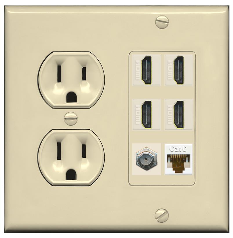 RiteAV 4 Port HDMI 1 Coax Cable TV- F-Type 1 Cat6 Ethernet Wall Plate - Round Outlet [Ivory/Ivory]