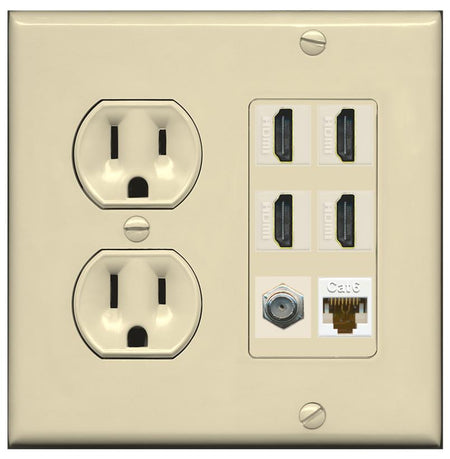 RiteAV 4 Port HDMI 1 Coax Cable TV- F-Type 1 Cat6 Ethernet Wall Plate - Round Outlet [Ivory/Ivory]