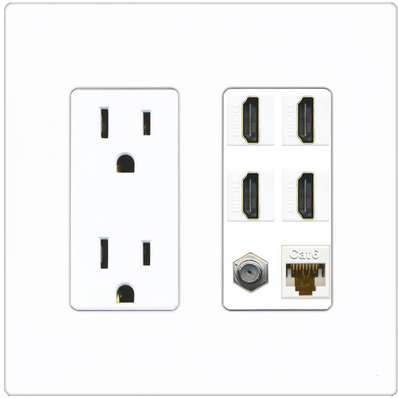 RiteAV 4 Port HDMI 1 Coax Cable TV- F-Type 1 Cat6 Ethernet Wall Plate - Outlet [Screwless White]