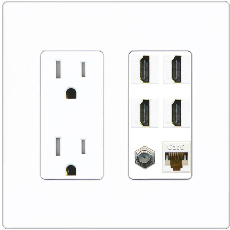 RiteAV 4 Port HDMI 1 Coax Cable TV- F-Type 1 Cat6 Ethernet Wall Plate - Tamper-Res [Screwless White]