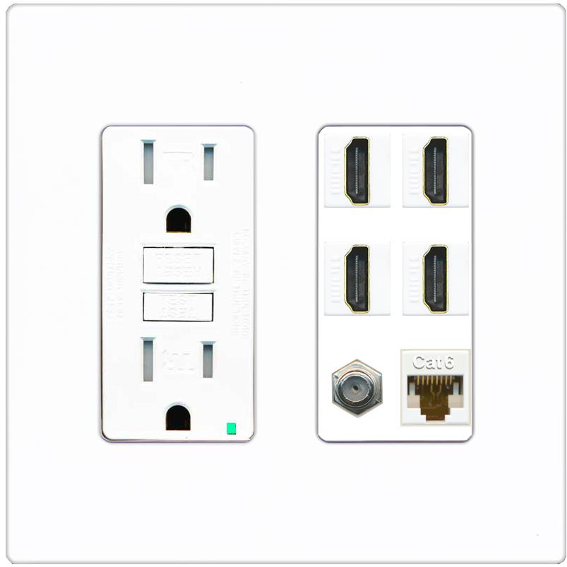 RiteAV 4 Port HDMI 1 Coax Cable TV- F-Type 1 Cat6 Ethernet Wall Plate - GFCI [Screwless White]