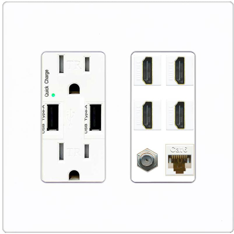 RiteAV 4 Port HDMI 1 Coax Cable TV- F-Type 1 Cat6 Ethernet Wall Plate - USB Charger [Screwless White]