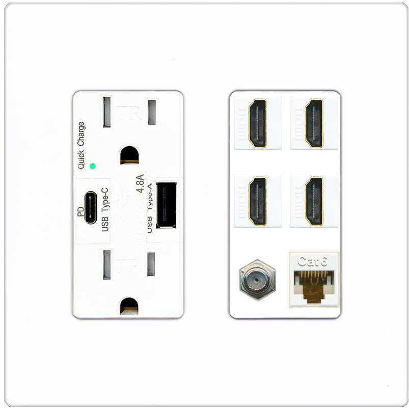 RiteAV 4 Port HDMI 1 Coax Cable TV- F-Type 1 Cat6 Ethernet Wall Plate - USB A+C Charger [Screwless White]