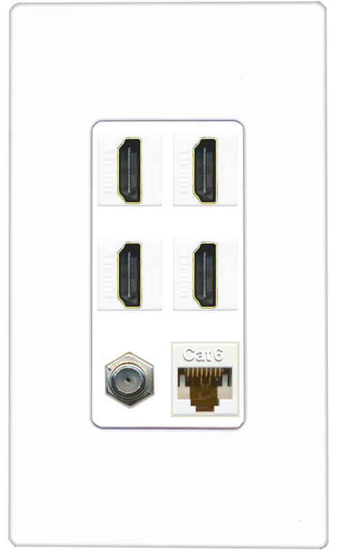 RiteAV 4 Port HDMI 1 Coax Cable TV- F-Type 1 Cat6 Ethernet Wall Plate - 1 Gang [Screwless White]