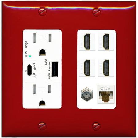 RiteAV 4 Port HDMI 1 Coax Cable TV- F-Type 1 Cat6 Ethernet Wall Plate - USB A+C Charger [Red/White]