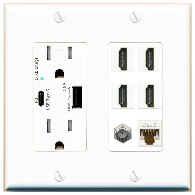 RiteAV 4 Port HDMI 1 Coax Cable TV- F-Type 1 Cat6 Ethernet Wall Plate - USB A+C Charger [White]