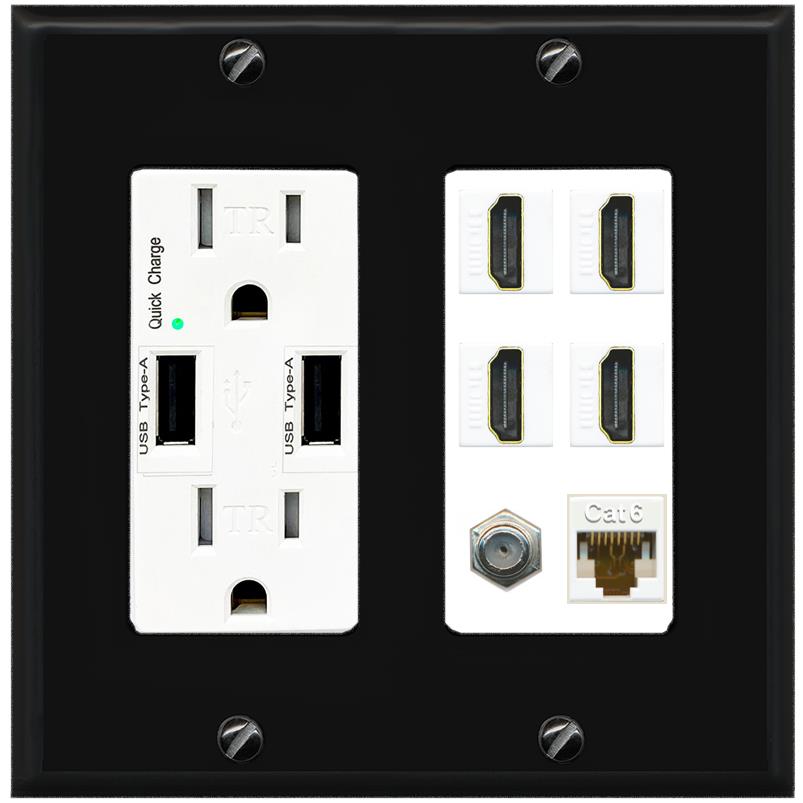 RiteAV 4 Port HDMI 1 Coax Cable TV- F-Type 1 Cat6 Ethernet Wall Plate - USB Charger [Black/White]