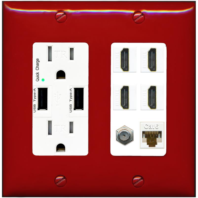 RiteAV 4 Port HDMI 1 Coax Cable TV- F-Type 1 Cat6 Ethernet Wall Plate - USB Charger [Red/White]