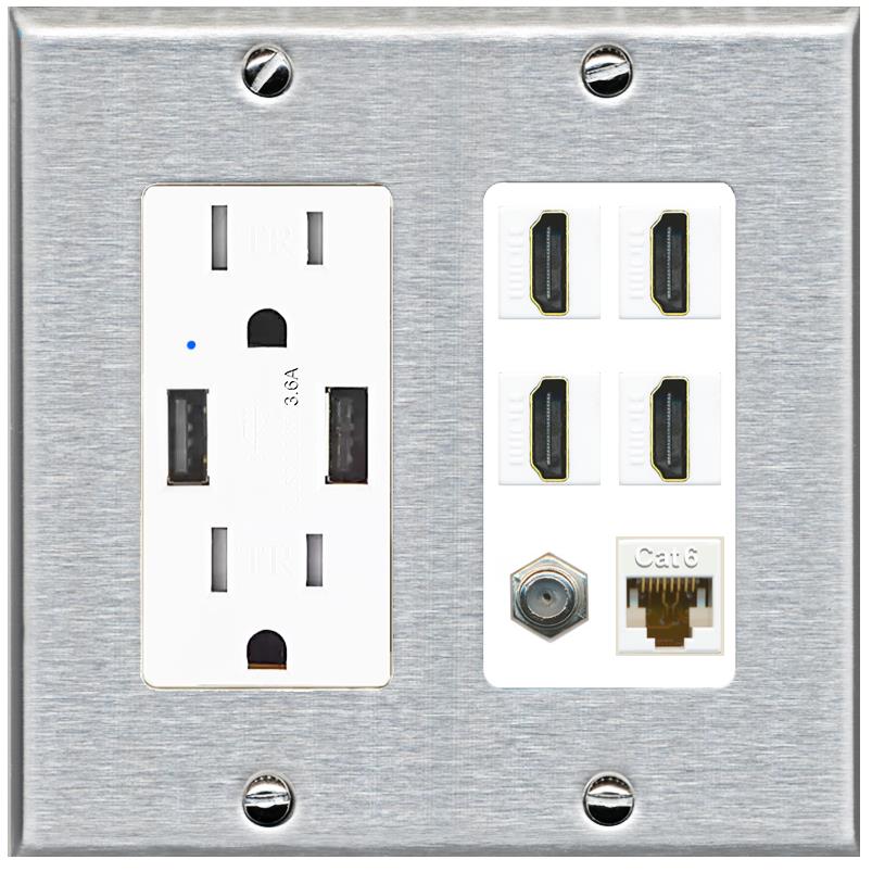 RiteAV 4 Port HDMI 1 Coax Cable TV- F-Type 1 Cat6 Ethernet Wall Plate - USB Charger [Stainless/White]