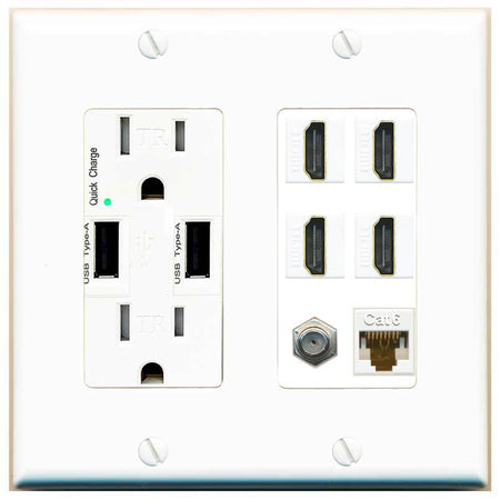 RiteAV 4 Port HDMI 1 Coax Cable TV- F-Type 1 Cat6 Ethernet Wall Plate - USB Charger [White]