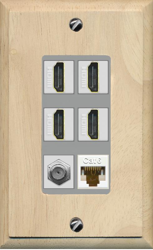 RiteAV 4 Port HDMI 1 Coax Cable TV- F-Type 1 Cat6 Ethernet Wall Plate - 1 Gang [Wood/Gray]