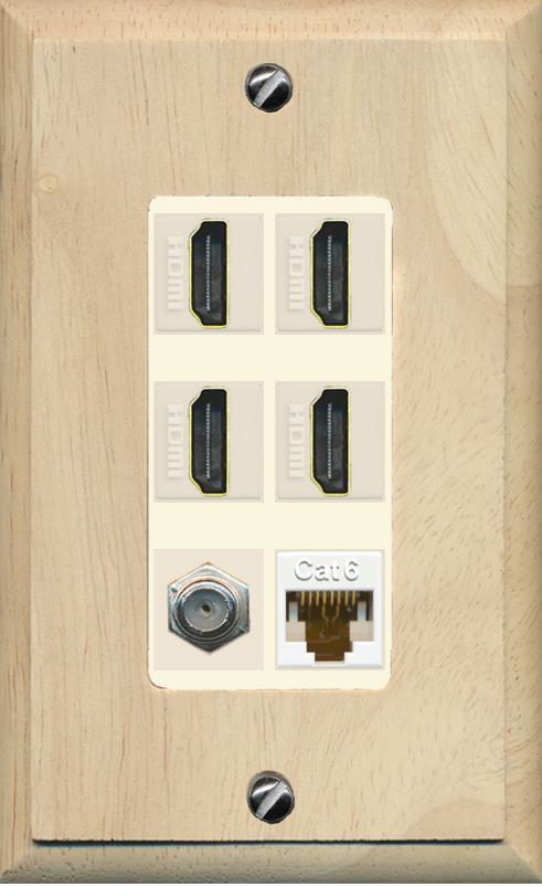 RiteAV 4 Port HDMI 1 Coax Cable TV- F-Type 1 Cat6 Ethernet Wall Plate - 1 Gang [Wood/Light-Almond]