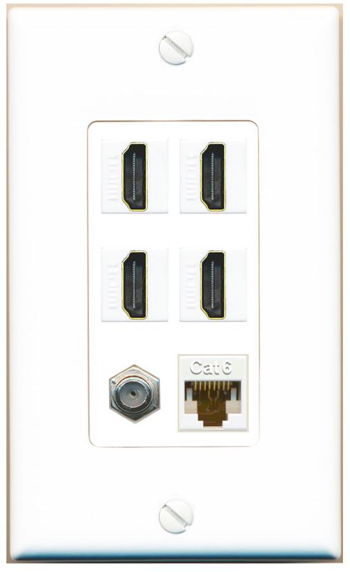 RiteAV 4 Port HDMI 1 Coax Cable TV- F-Type 1 Cat6 Ethernet Wall Plate - 1 Gang [White]