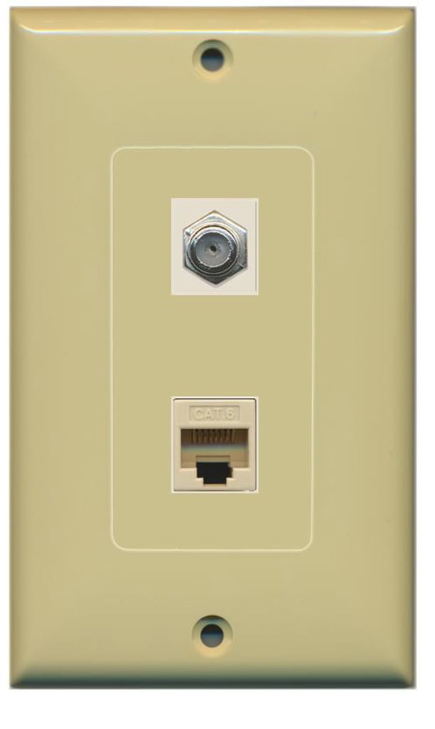 RiteAV - 1 Coax Cable TV F and 1 Cat6 Ethernet Wall Plate Decorative - Ivory/Ivory - Bracket Included