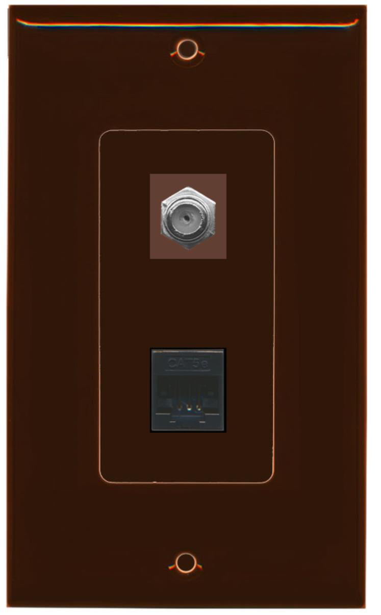 RiteAV - 1 Port Coax Port Cable TV F Type - 1 Port Cat5e Ethernet Decorative Wall Plate - Brown - Bracket Included