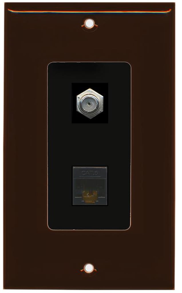 RiteAV - 1 Coax Cable TV F and 1 Cat6 Ethernet Wall Plate Decorative - Brown & Black - Bracket Included