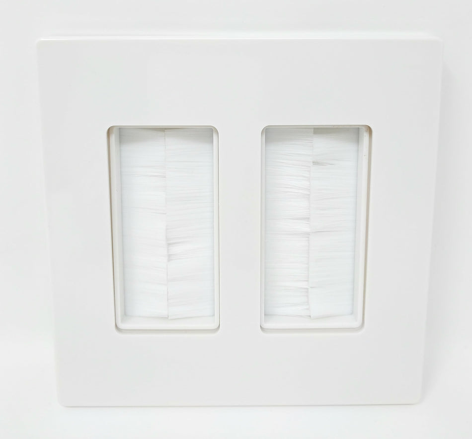 RiteAV - Dual Gang Wall Plate with Brush Bristles - Screwless White [Now Fits Larger Cables]