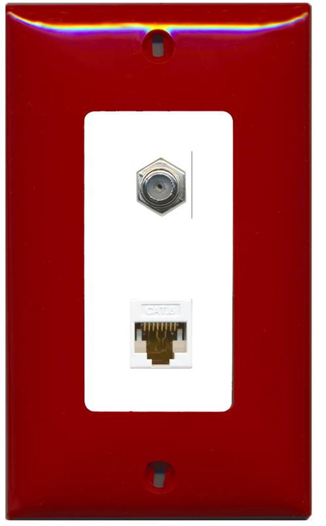RiteAV - 1 Coax Cable TV F and 1 Cat6 Ethernet Wall Plate Decorative - Red & White - Bracket Included