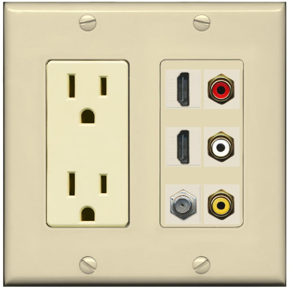RiteAV - 2 x 15 Amp 125V Power Outlet 3 x RCA - 2 X HDMI and 1 x Coax Cable TV Port Wall Plate Ivory