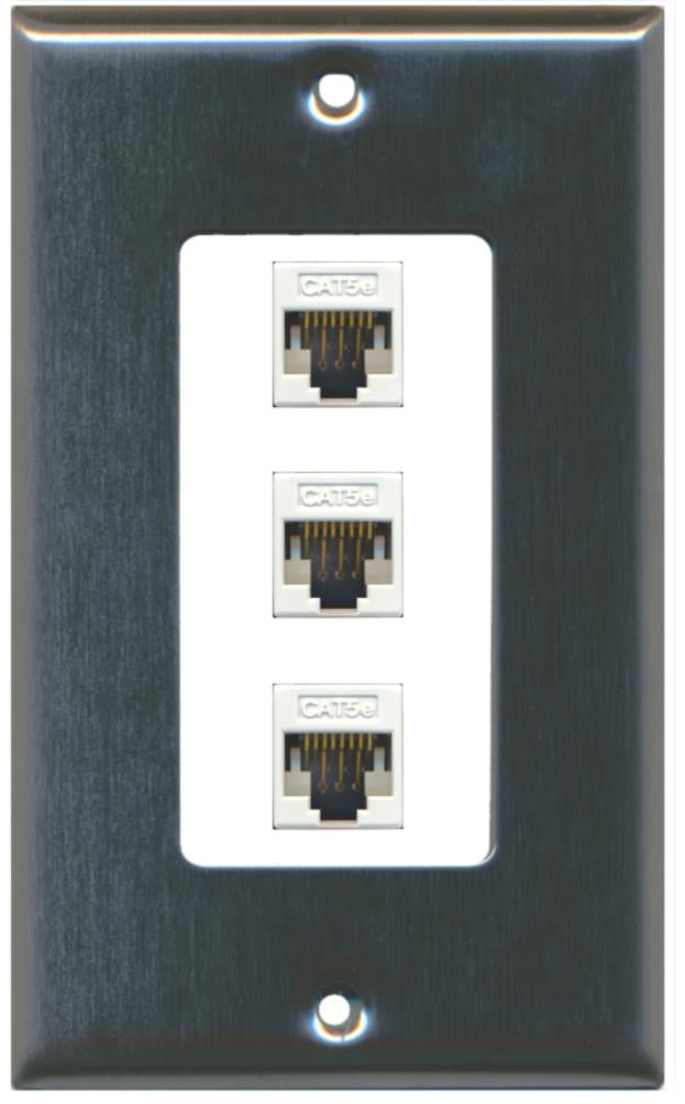 RiteAV Decorative 1 Gang 3 Port Cat5e Wall Plate - Stainless/White