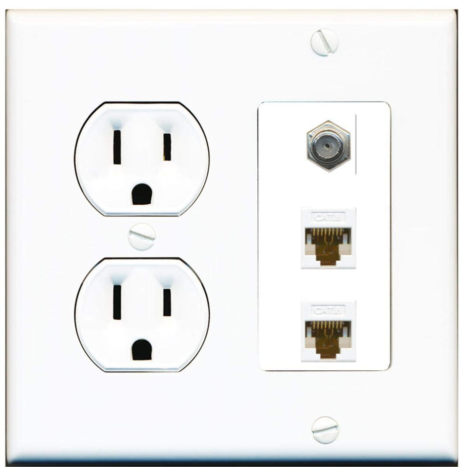 15 Amp Round Power Outlet 2 Port Cat6 Ethernet 1 Coax Cable TV Wall Plate White