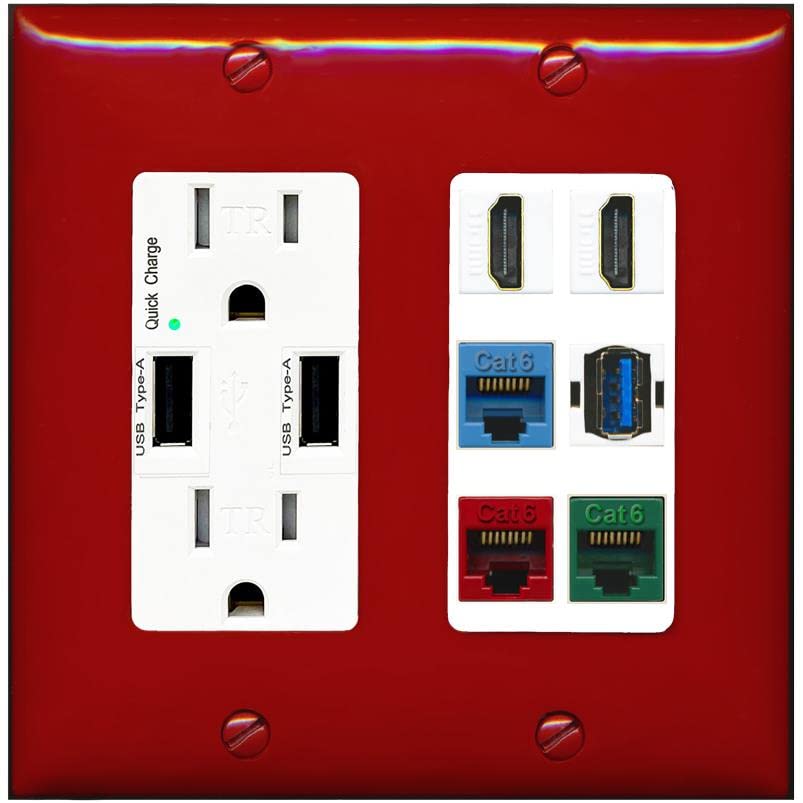 RiteAV 2 HDMI 3 Cat6 Ethernet USB3 Mixed Color Wall Plate - USB Charger [Red/White]