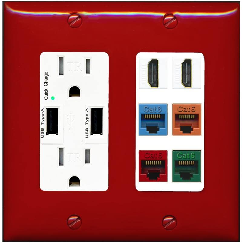 RiteAV 2 HDMI 4 Cat6 Ethernet Mixed Color Wall Plate - USB Charger [Red/White]