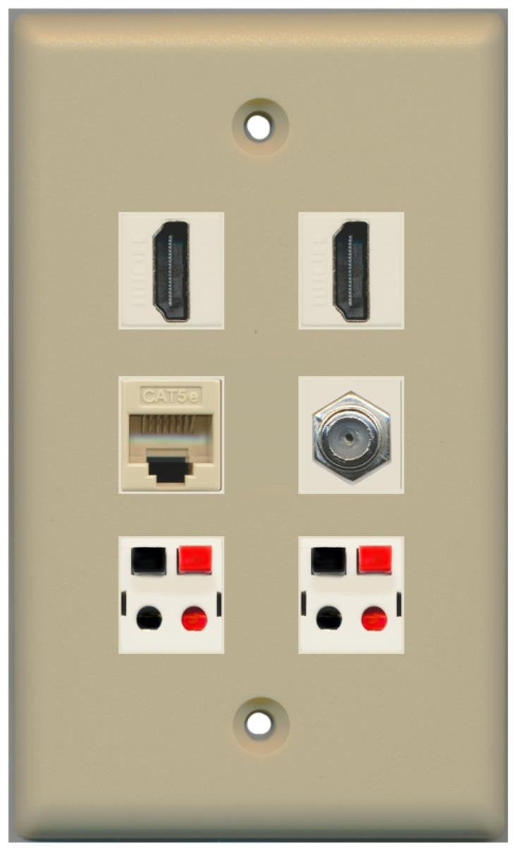 RiteAV - 2 HDMI 1 Port Coax Cable TV- F-Type 1 Port Cat5e Ethernet 2 Port Speaker Wall Plate - Ivory