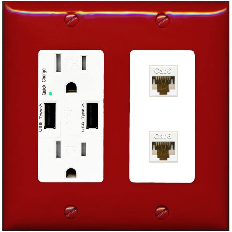 RiteAV 2 Port Cat6 Ethernet Wall Plate - USB Charger [Red/White]
