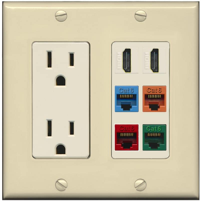RiteAV 2 HDMI 4 Cat6 Ethernet Mixed Color Wall Plate - Outlet [Ivory/Light-Almond]