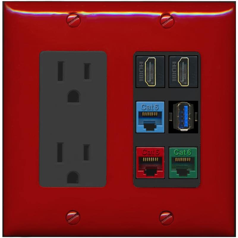 RiteAV 2 HDMI 3 Cat6 Ethernet USB3 Mixed Color Wall Plate - Outlet [Red/Black]