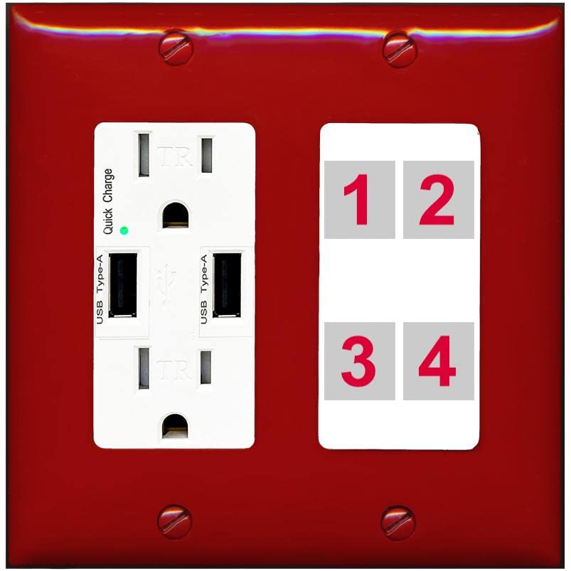 RiteAV Custom 4 Port Custom Wall Plate - USB Charger [Red/White]